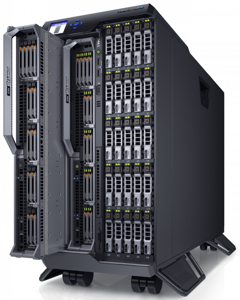 Dell PowerEdge VRTX server enclosure populated with PowerEdge M830 servers and storage modules.