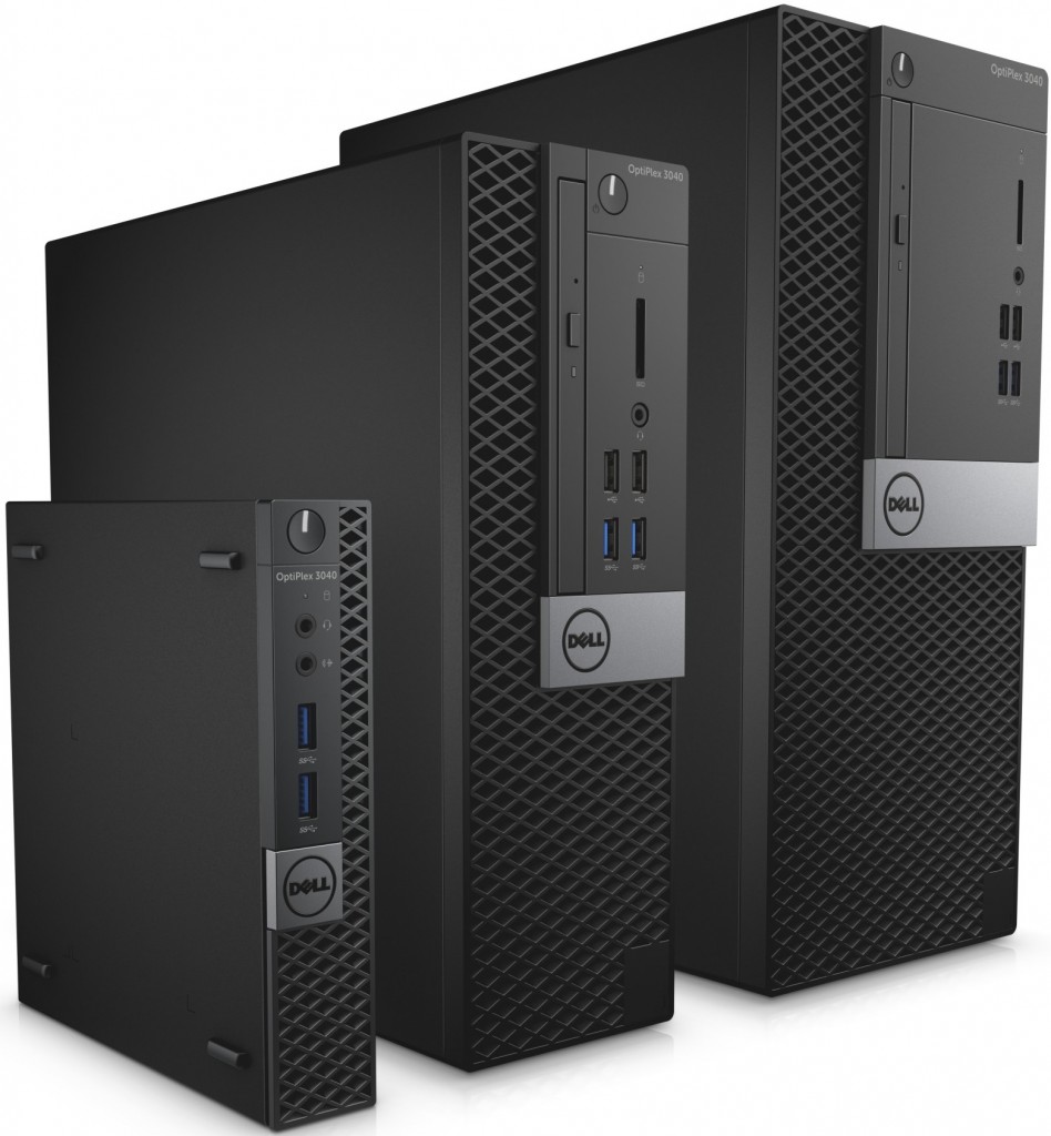 Three Dell OptiPlex 3040 desktop computers (Whitefish) facing right in a row. From left to right, the Micro and Small Form Factor and Mini Tower models for business networking.