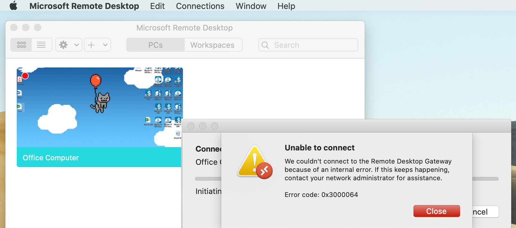 Microsoft Remote Desktop 0x3000064 Unable to connect